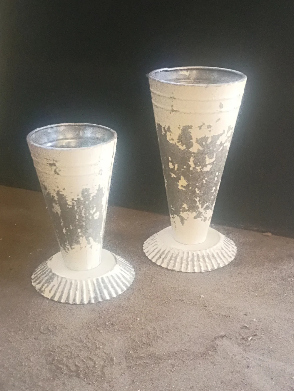 Distressed White Metal Pedestal Vases - Set of 2